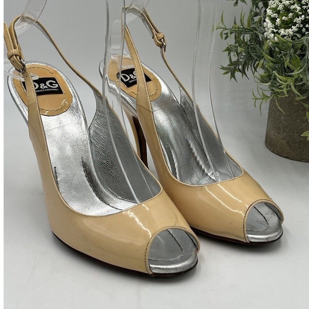 DOLCE & GABBANA D&G Patent Leather Beige Sling Back Heels Sz‎ 36.5/6 US Peep Toe